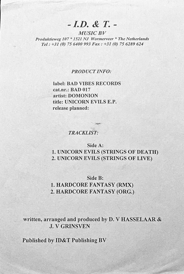 Unicorn Evils E.P. back cover