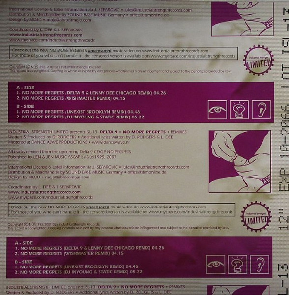 No More Regrets (Non-Lubricated Vinyl Remixes) back cover