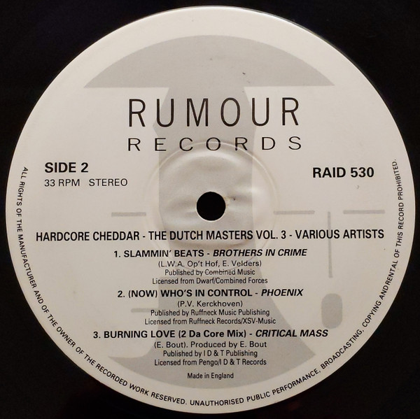 Hardcore Cheddar - The Dutch Masters Volume Three back label